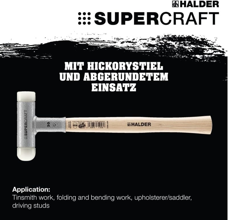 Halder SuperCraft Soft-Faced Mallet 3366.240 - Non-Rebound Hammer with Rounded Nylon Insert, Overstrike Protector, Varnished Hickory Handle, Vibration-Dampening, 40mm, 1.6 lbs. - Image 3